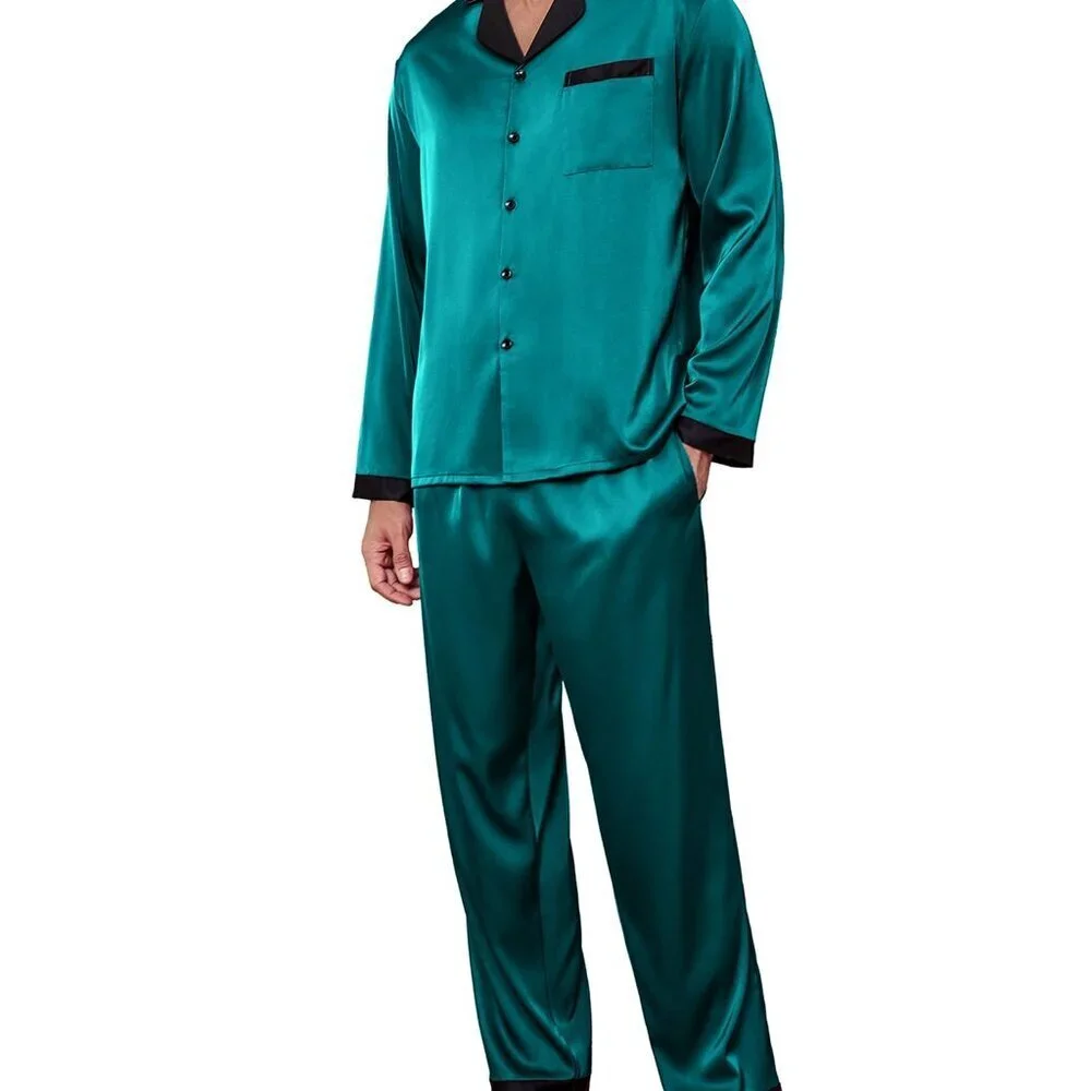 Men's Silk Pajama Set Classic Button Down Sleepwear Satin Loungewear
